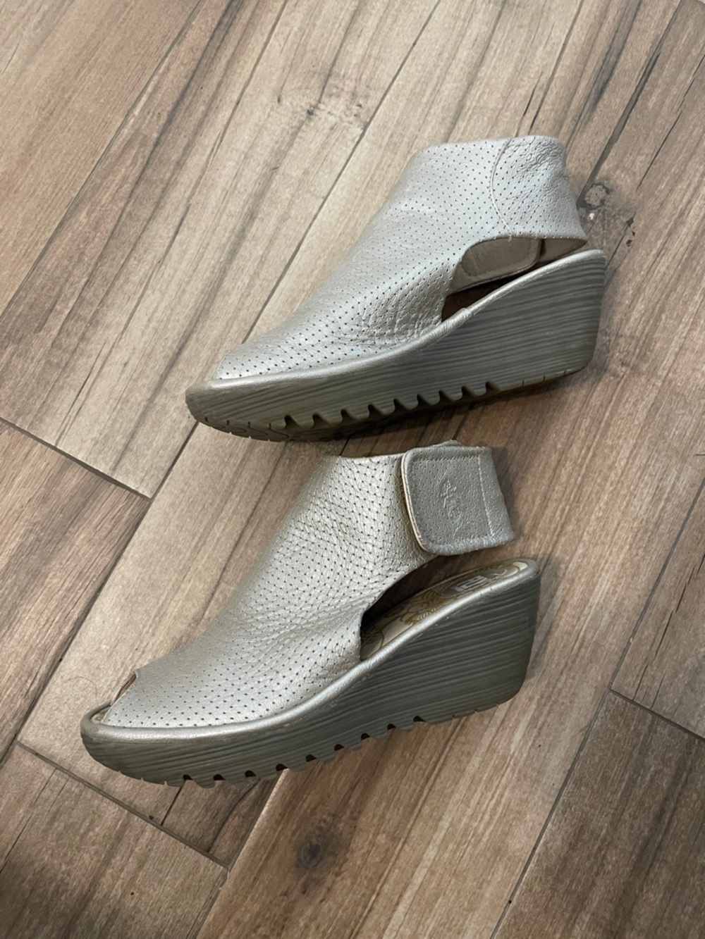 Fly London Peep Toe Silver Sandals